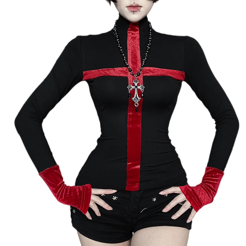Dark Gothic Black Red Contrast Knit Top - Velvet Cross Slim Long Sleeve T-Shirt